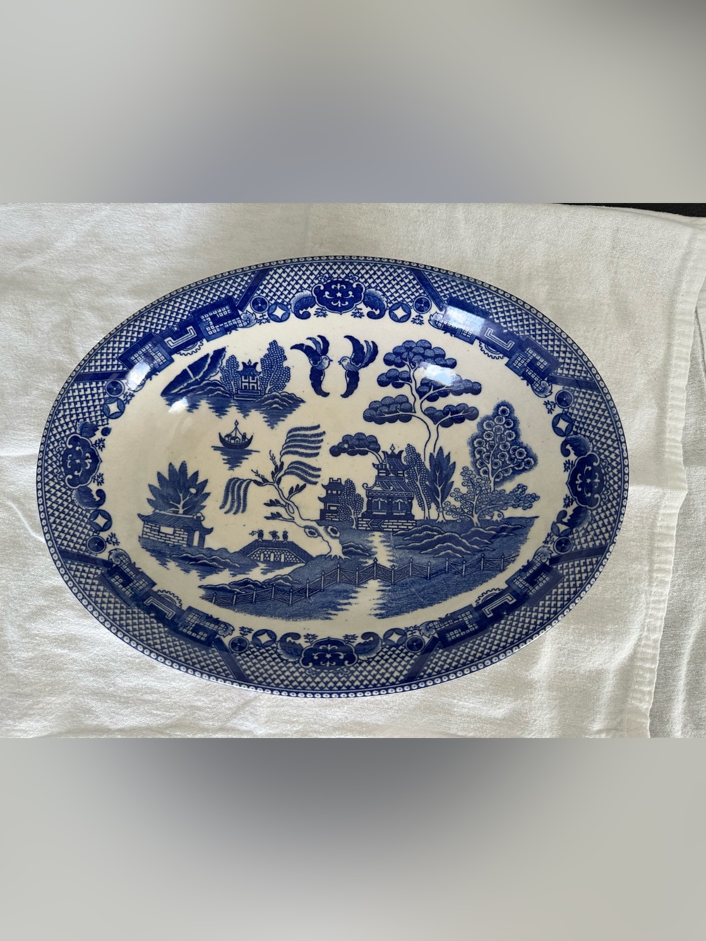 Vintage Blue Willow White Blue Japanese Transfer Ware Serving Ceramic Oval Tray